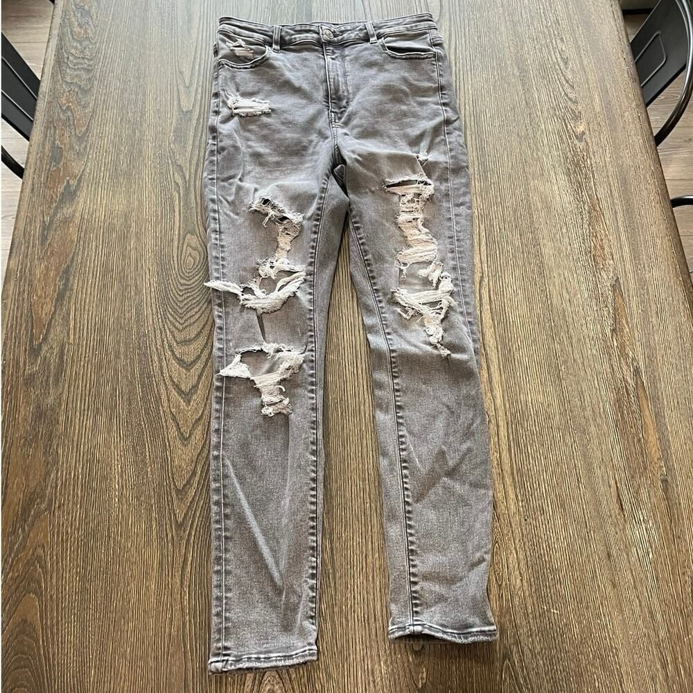 American Eagle Hi-Rise Jegging Jeans Super Stretch Distressed Denim Grey Size 10
